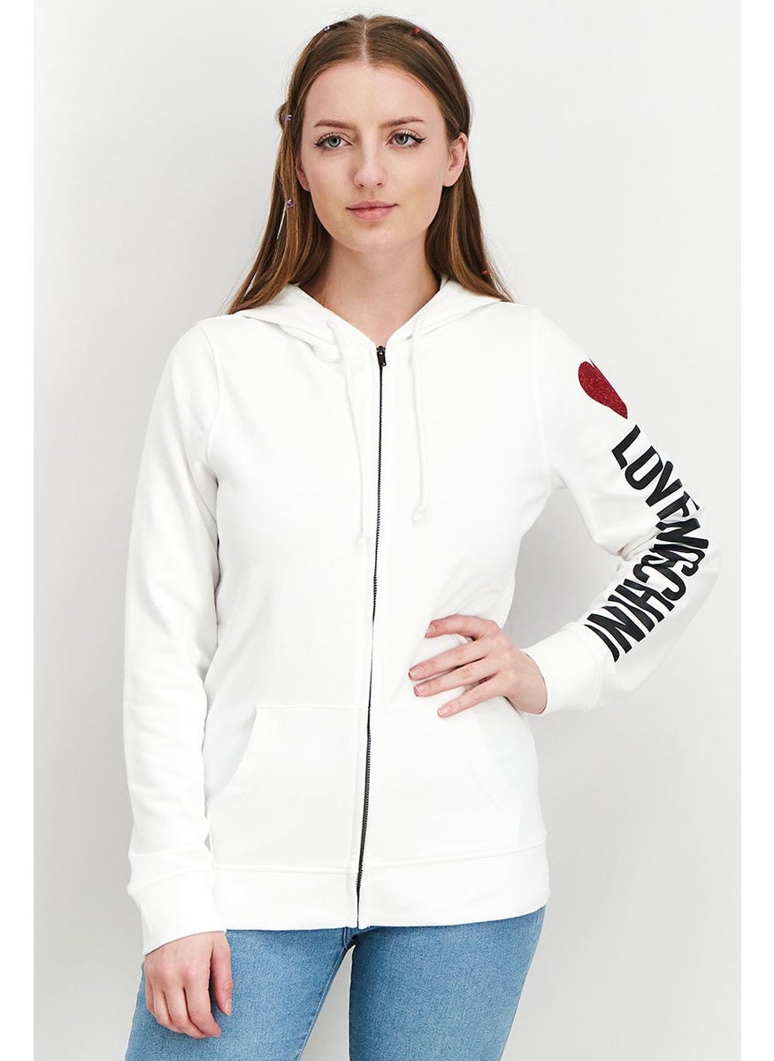 Love Moschino - Women Hooded Full Zip Printed Sweatshirts, White - Image 1