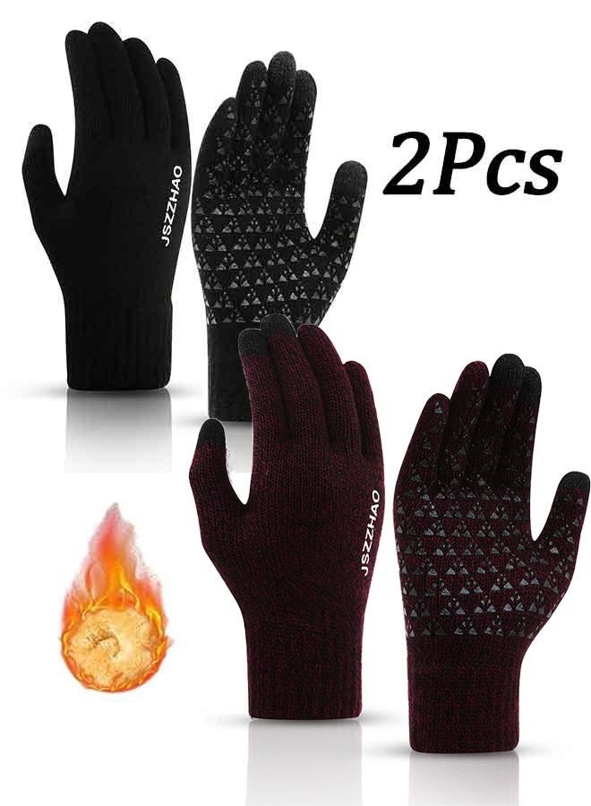 قطعتان من القفازات الشتوية الدافئة بأصابع كاملة للرجال والنساء مع شاشة لمس مطورة - قفاز مضاد للانزلاق مبطن بالصوف - Image 1