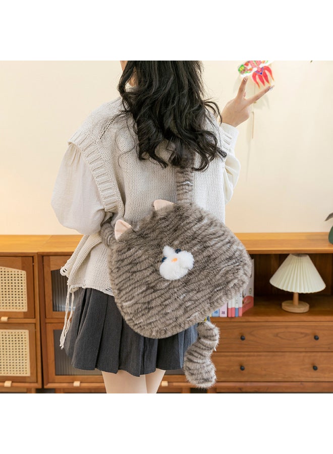 Cute Plush Cat Bag Women's Large Capacity Tote Bag Crossbody Shoulder Bag Handbag Style Bag-Color:Gray-Height:35*35cm（0.23kg） - Image 1