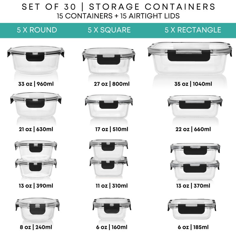 Razab 30 PC Glass Food Storage Containers with Lids - Reusable Glass Meal Prep Containers for Lunch and Leftovers - Airtight & Leakproof Snap Locking Lids - Oven, Freezer, Microwave, Dishwasher Safe - Image 2