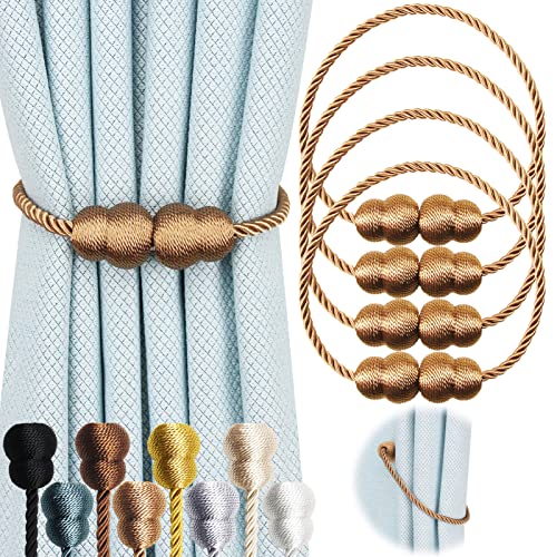 Hangtty Magnetic Curtain Tiebacks 4 Pack Rope Decorative Curtain Tie Backs Elegant Curtain Holders for Drapes Outdoor Window Treatment Holdbacks, Khaki - Image 1