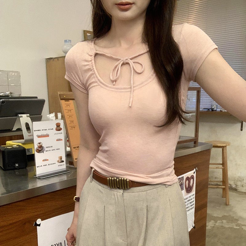 2025 Temperament Unique Beautiful Hollow Bow Shoulder White Short-Sleeved T-Shirt Women'S Summer Commuter New Style - Image 4