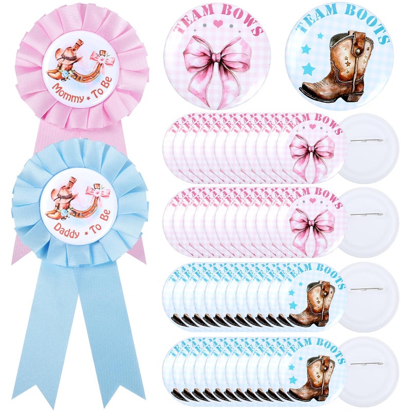 Ohmique 52 Pcs Boots or Bows Gender Reveal Decorations - Mommy & Daddy To Be Badge Pins and 50 Pcs Boots or Bows Gender Reveal Button Pins, Cowboy or Cowgirl Blue and PInk Baby Shower Party Favor Supplies - Image 1
