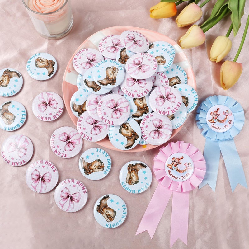 Ohmique 52 Pcs Boots or Bows Gender Reveal Decorations - Mommy & Daddy To Be Badge Pins and 50 Pcs Boots or Bows Gender Reveal Button Pins, Cowboy or Cowgirl Blue and PInk Baby Shower Party Favor Supplies - Image 5