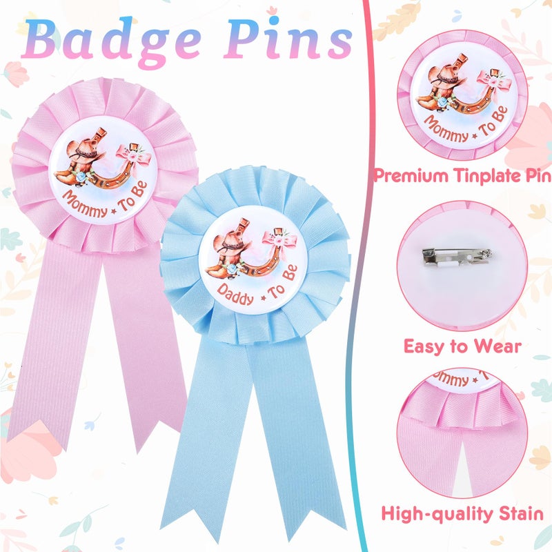 Ohmique 52 Pcs Boots or Bows Gender Reveal Decorations - Mommy & Daddy To Be Badge Pins and 50 Pcs Boots or Bows Gender Reveal Button Pins, Cowboy or Cowgirl Blue and PInk Baby Shower Party Favor Supplies - Image 4