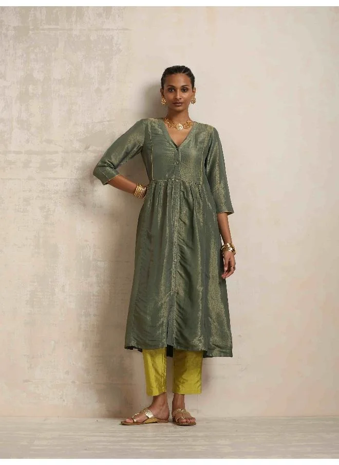 trueBrowns Green Tissue A-line Kurta Set