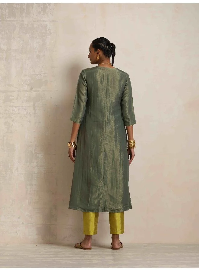ترو برونز trueBrowns Green Tissue A-line Kurta Set