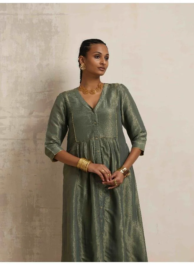 ترو برونز trueBrowns Green Tissue A-line Kurta Set