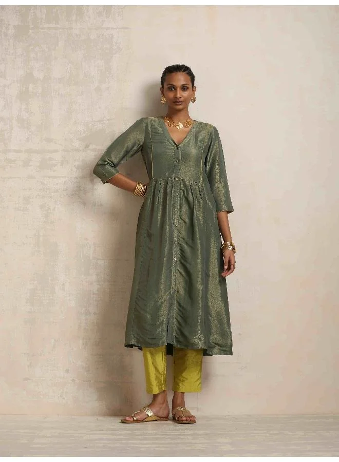 ترو برونز trueBrowns Green Tissue A-line Kurta Set