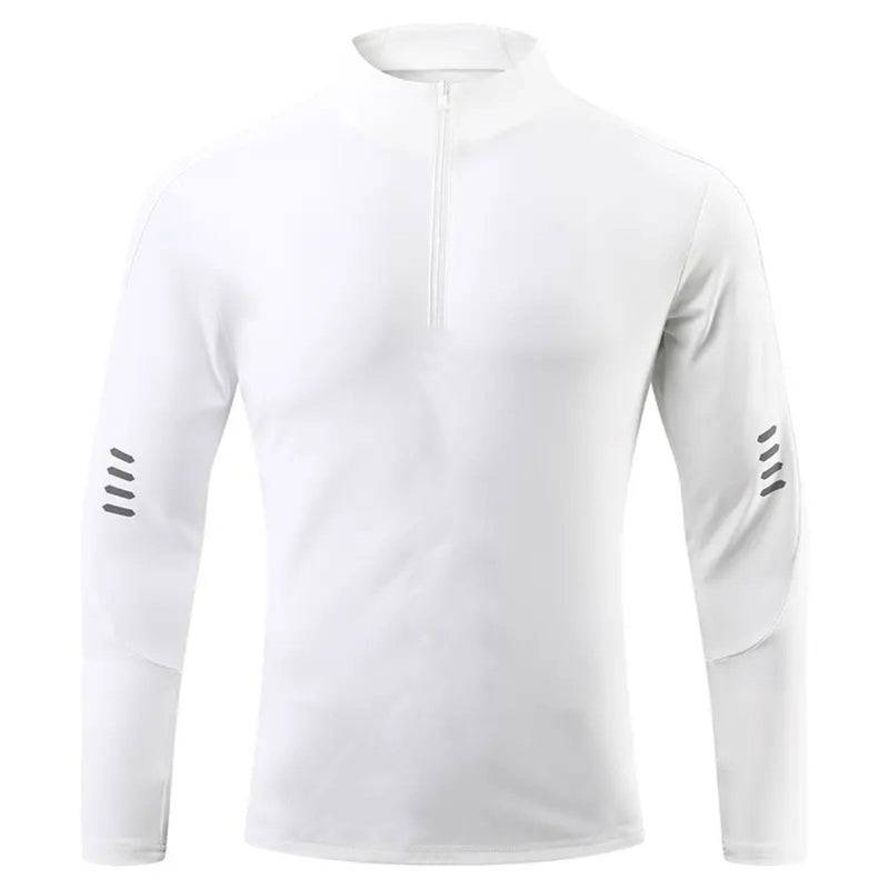 Mens T-shirt American Quick-drying Long-sleeved Fitness Running Training Stretch Autumn Fashion Sports Half-open Zipper Top white print - Image 1