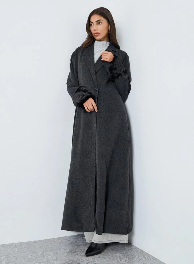 Amirah Herringbone Weave Blazer Collar Abaya with Faux Fur Cuff