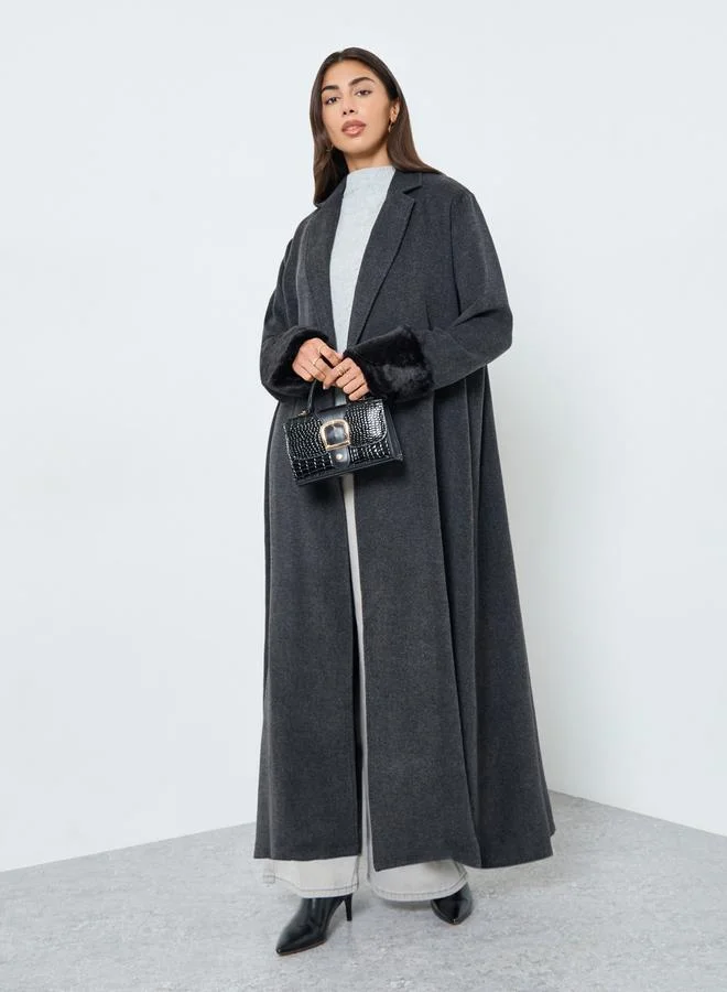 Amirah Herringbone Weave Blazer Collar Abaya with Faux Fur Cuff