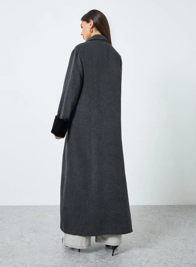 Amirah Herringbone Weave Blazer Collar Abaya with Faux Fur Cuff