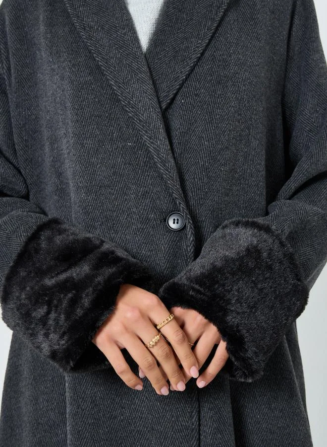 Amirah Herringbone Weave Blazer Collar Abaya with Faux Fur Cuff