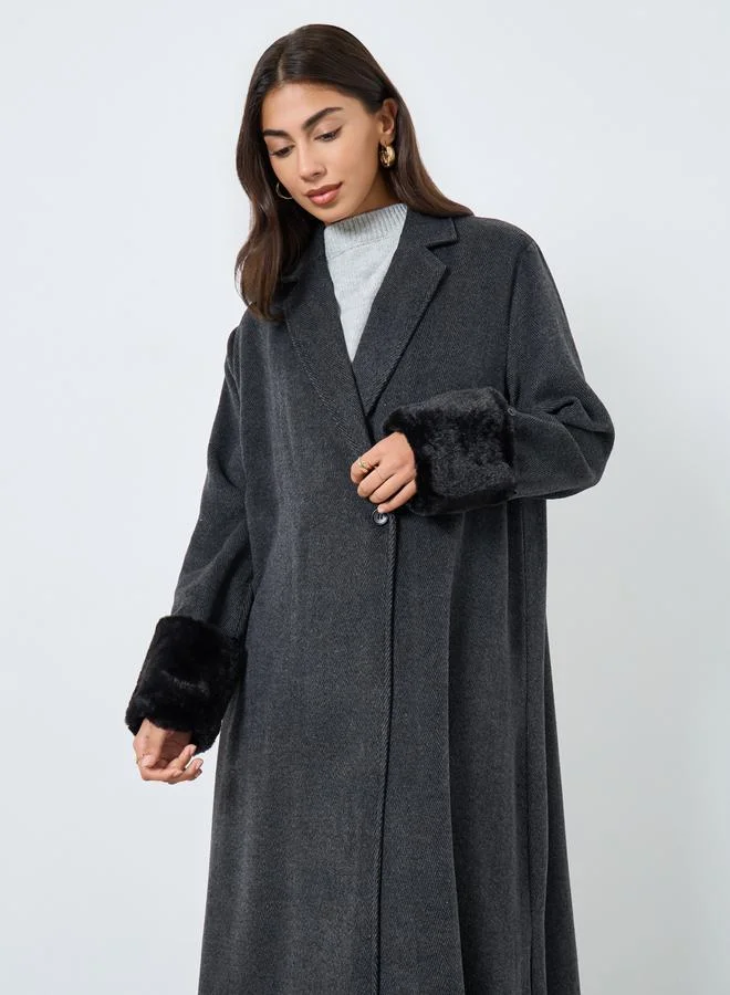 Amirah Herringbone Weave Blazer Collar Abaya with Faux Fur Cuff
