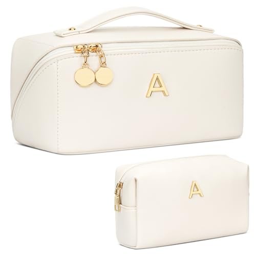 CLOUDWINGS Birthday Gifts for Women Teen Girl, Personalized Initial Makeup Organizer Bag Set, Open Flat Travel Cosmetic Bag With Clear Divider and Handle(Large-Beige,A) - Image 1