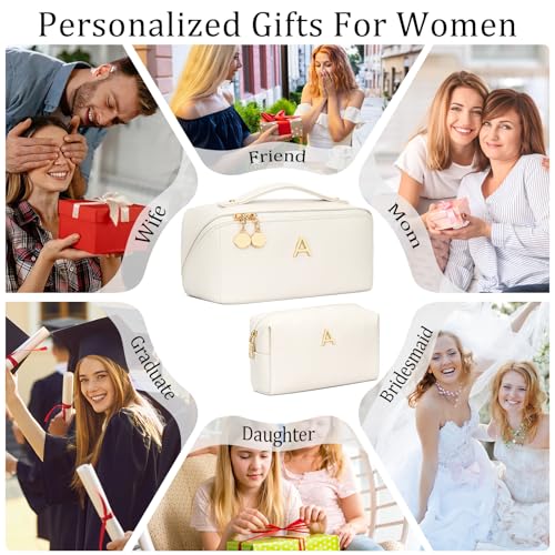 CLOUDWINGS Birthday Gifts for Women Teen Girl, Personalized Initial Makeup Organizer Bag Set, Open Flat Travel Cosmetic Bag With Clear Divider and Handle(Large-Beige,A) - Image 2