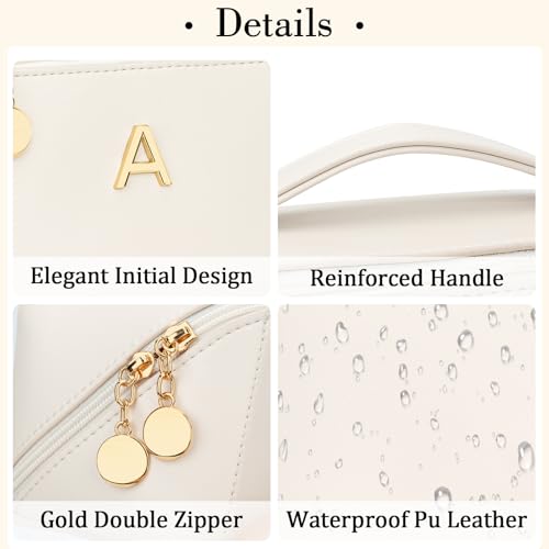 CLOUDWINGS Birthday Gifts for Women Teen Girl, Personalized Initial Makeup Organizer Bag Set, Open Flat Travel Cosmetic Bag With Clear Divider and Handle(Large-Beige,A) - Image 5