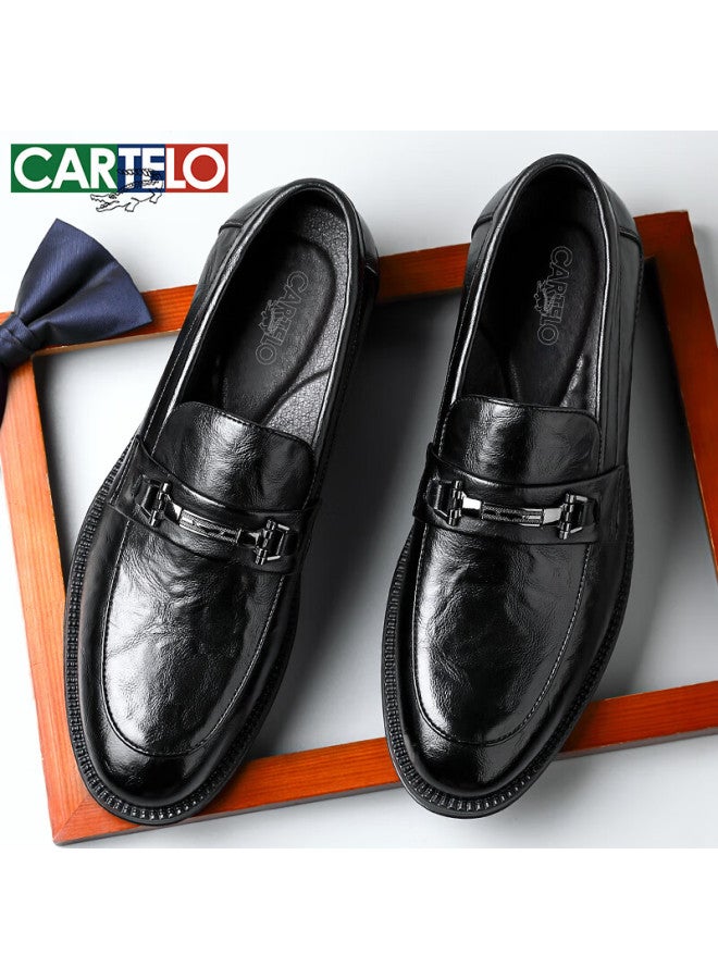 Cartelo Casual Leather Shoes For Men, Cowhide Slip-on Business Shoes, Soft-soled Breathable Men's Loafers, 9893 Black, Size 40 - Image 1