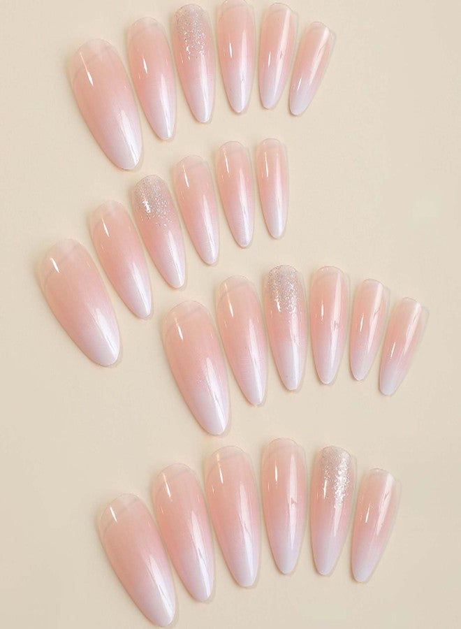 YoYoee Short Almond Press on Nails Gradient False Nails Cute Bling Fake Nails Reusable Nails Tips for Women and Girls 24PCS - Image 2