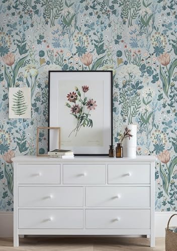 Toduso Peel and Stick Wallpaper Vintage Wall Paper Gray Blue Floral Contact Paper Removable Wallpaper 17.3"x78.7" Leaf Flower Self Adhesive for Bedroom Drawer Decor Vinyl Rolls - Image 2