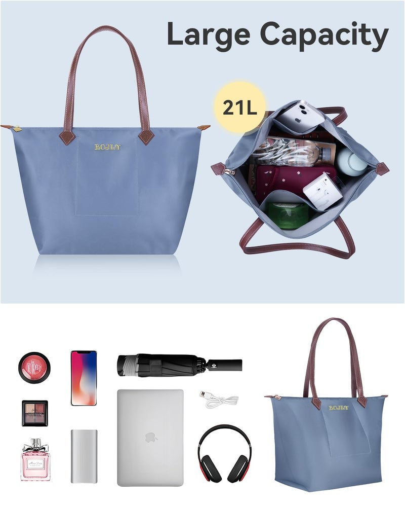 BOJLY Tote Bag for Women, 21 Liters Large Capacity Waterproof Tote Bag, Multi-Pocket Shoulder Bag, Suitable for Daily Travel, Work, Beach Shopping Bag Airy Blue - Image 5