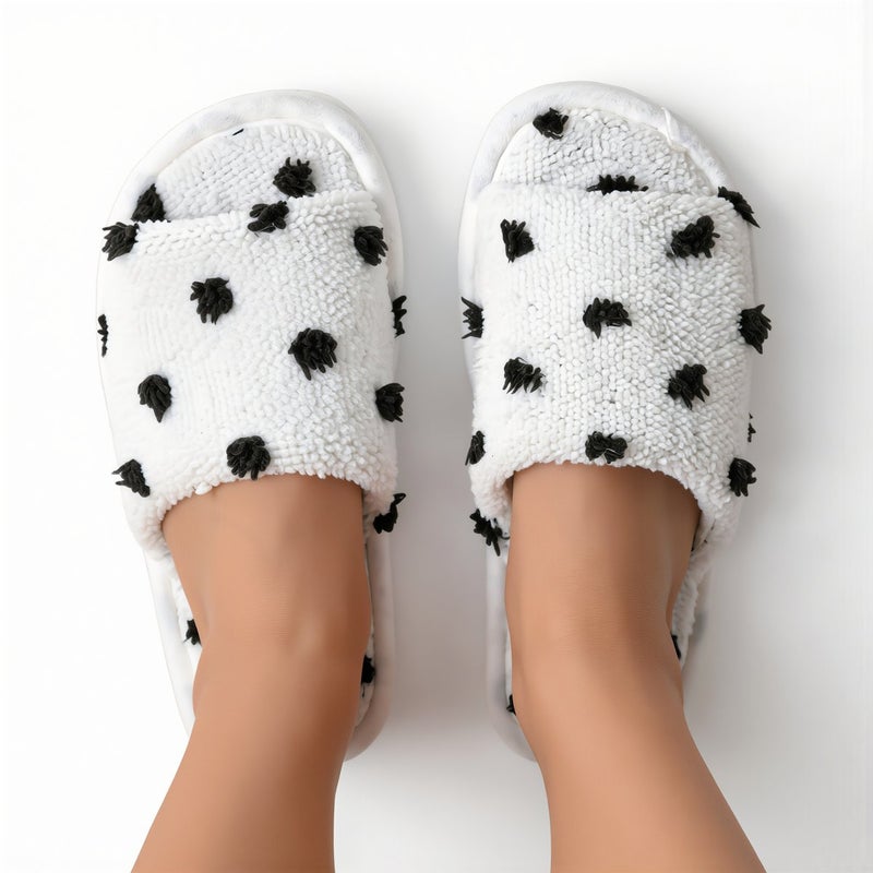 Women Polka Dot Open Slippers For Home Bedroom Kitchen Living Room Indoor Non-Slip 36-37 White Black - Image 4