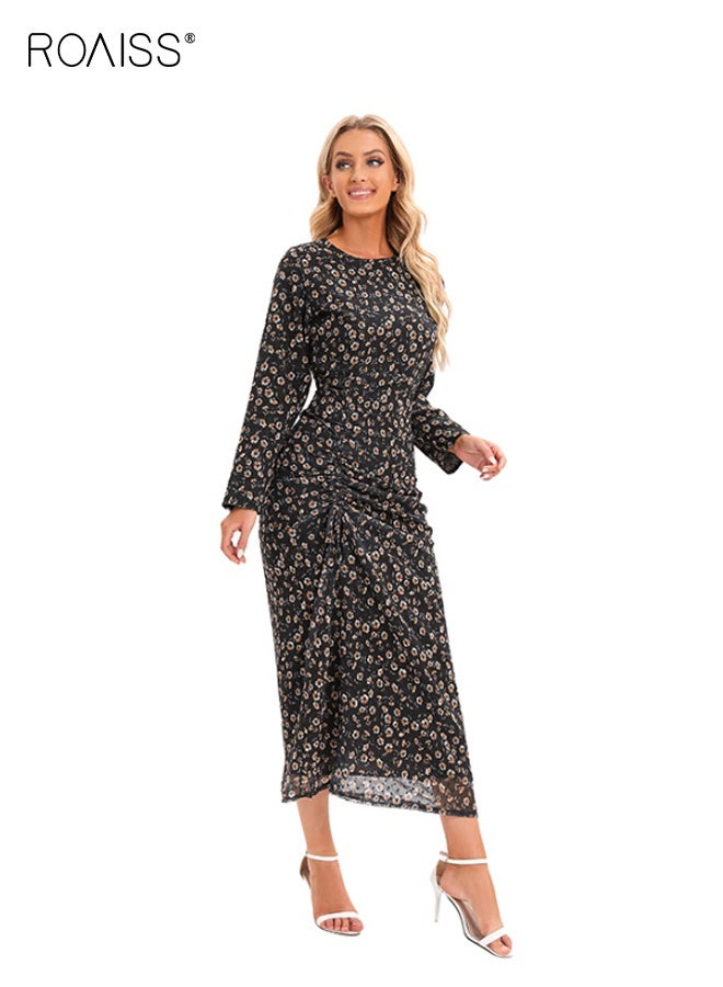 رويس فساتين ماكسي نسائية بأكمام طويلة وطبعة زهور فساتين طويلة شيفون للسيدات ورقبة دائرية كاجوال برباط الخصر فستان ميدي متعدد الألوان - Image 5