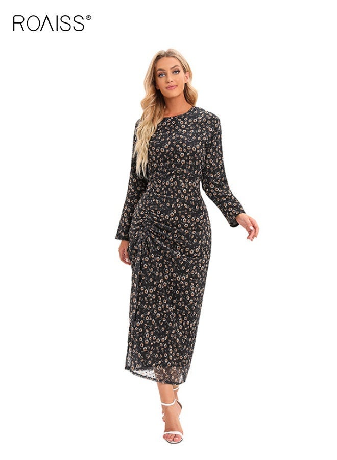 رويس فساتين ماكسي نسائية بأكمام طويلة وطبعة زهور فساتين طويلة شيفون للسيدات ورقبة دائرية كاجوال برباط الخصر فستان ميدي متعدد الألوان - Image 1