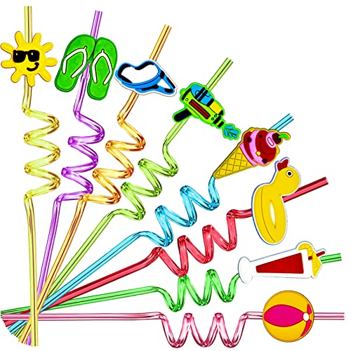 GREAWOD 24 Pieces Beach Theme Reusable Shape Straws, Drink Straws Beach Ball Pool Summer Birthday Party Favor Decorations with 2 Cleaning Brushes 8 Color Straws - Image 1
