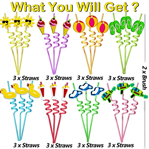 GREAWOD 24 Pieces Beach Theme Reusable Shape Straws, Drink Straws Beach Ball Pool Summer Birthday Party Favor Decorations with 2 Cleaning Brushes 8 Color Straws - Image 4