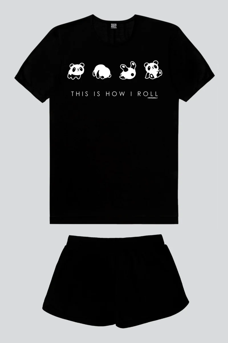 روك اند رول Panda Tumble Black Short Sleeve Women's Shorts Set