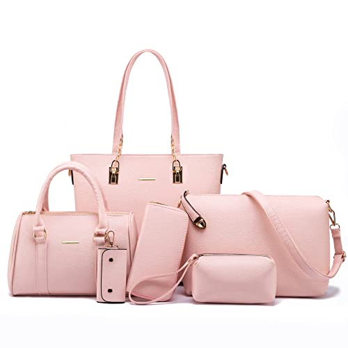 2E-youth Women Designer Purses And Handbags Set Satchel Shoulder Bags Tote Bags 6pcs Wallets (light pink) - Image 1