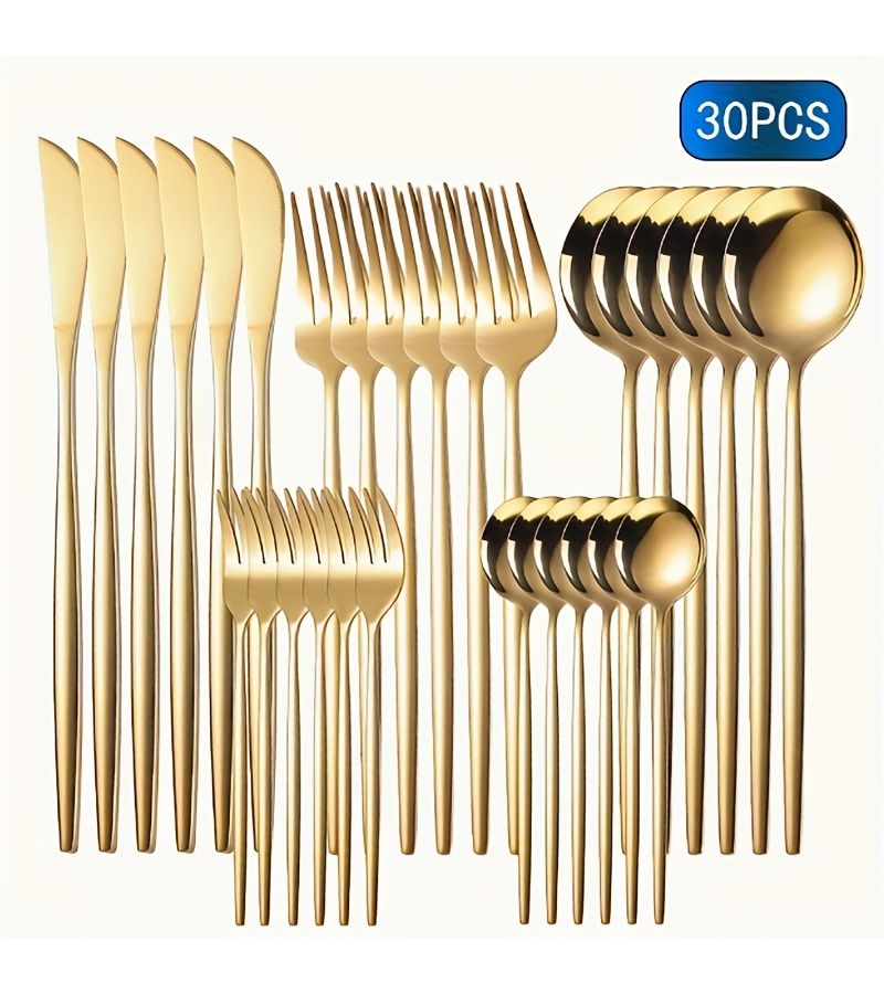 30 Pcs Golden Stainless Steel Cutlery Set for 6 People Ideal for Kitchen Dining Room Hotel and Parties Dishwasher Safe - Image 1