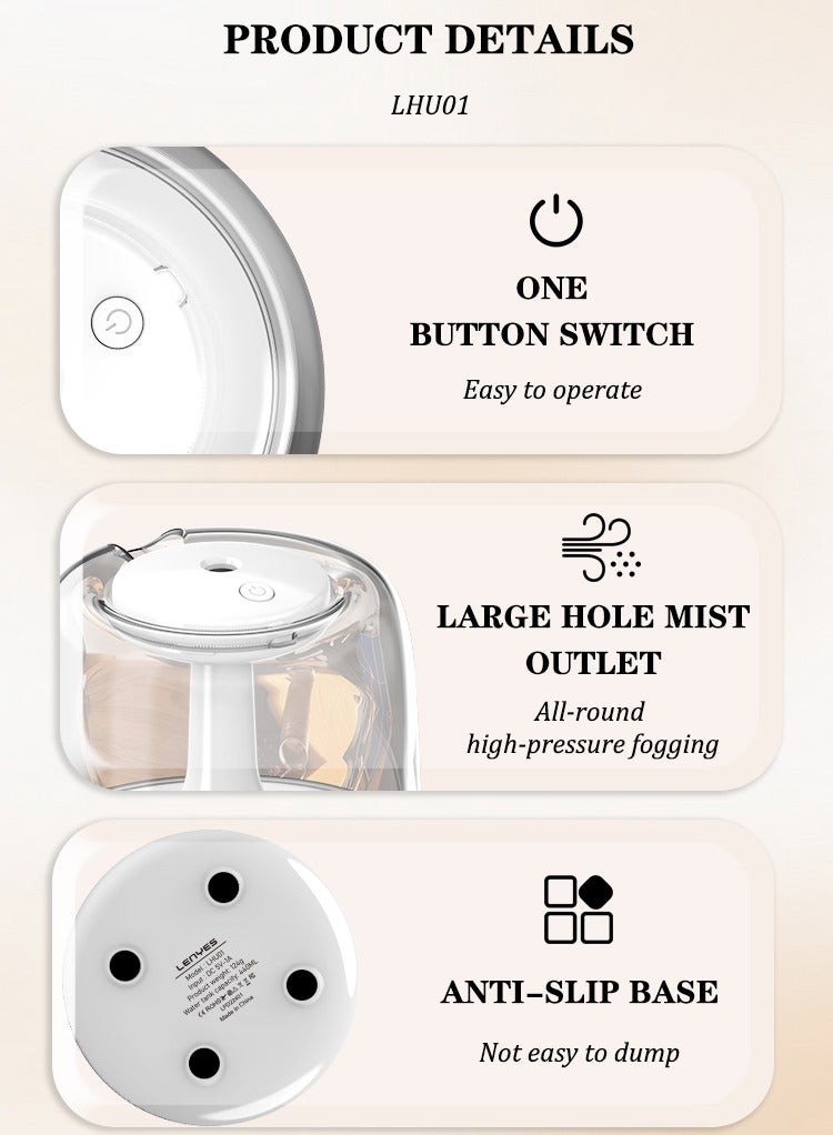 لينيس مرطب الهواء بالموجات فوق الصوتية من Lenyes مع أضواء الجو، ترطيب طويل الأمد، صغير وهادئ. أبيض - Image 3