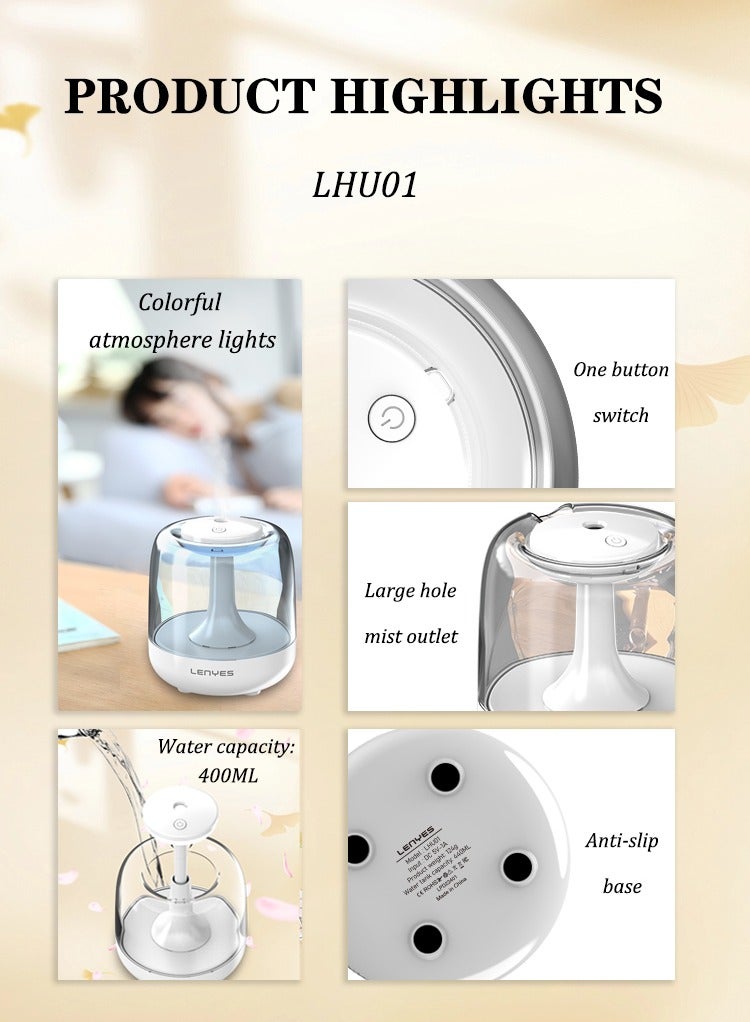 لينيس مرطب الهواء بالموجات فوق الصوتية من Lenyes مع أضواء الجو، ترطيب طويل الأمد، صغير وهادئ. أبيض - Image 4
