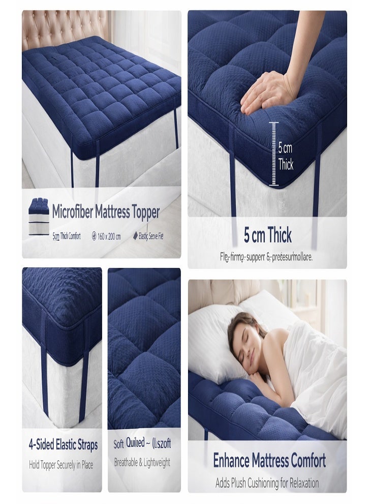 DORMICO Microfiber Mattress Topper 5cm Thick 160x200 cm King Size Quilted Soft Bed Protector with Elastic Straps Navy Blue - Image 2