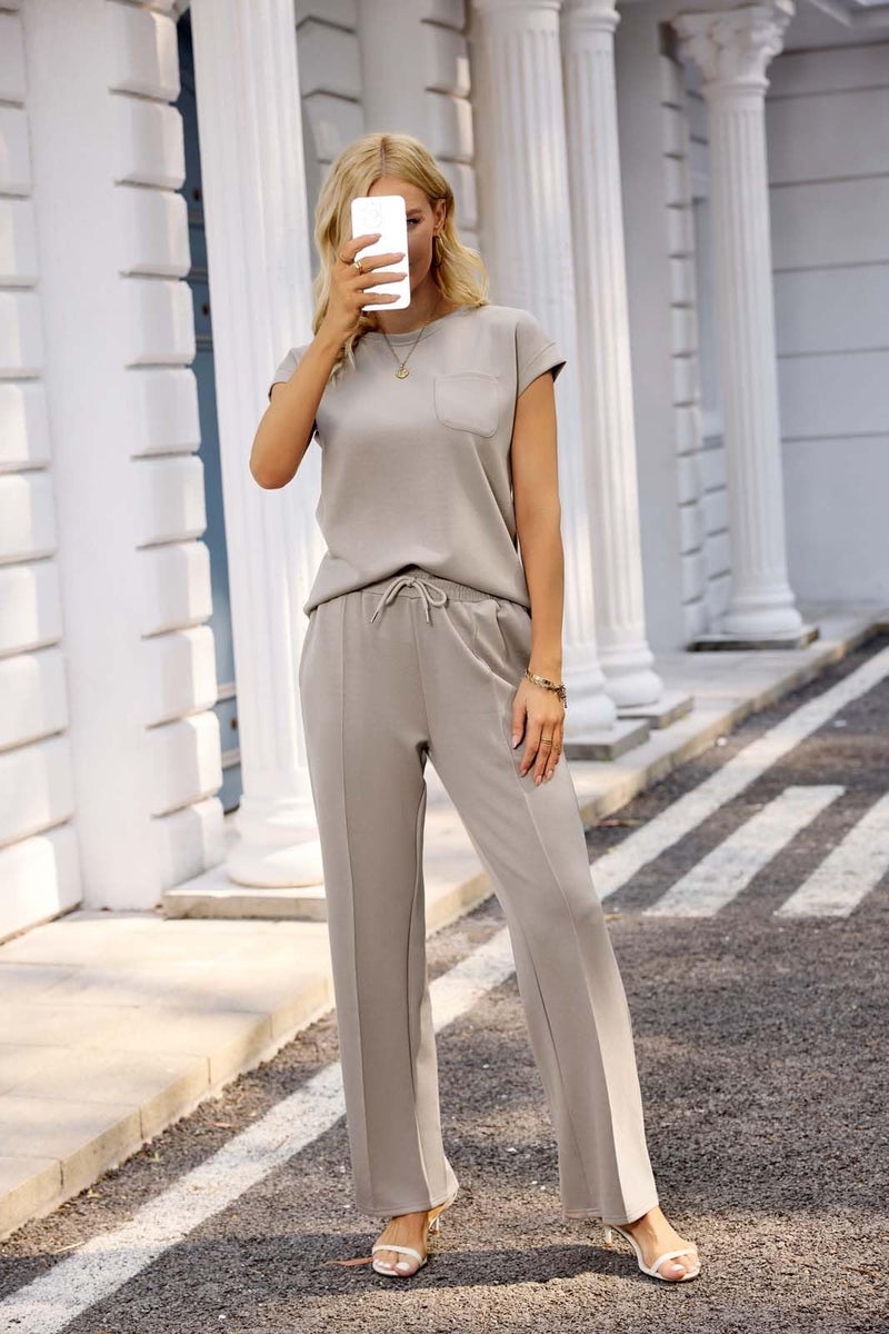 difficort Lounge Sets for Women 2 Piece Outfits Summer Cap Sleeve Tops Wide Leg Long Pants Going Out Casual Outfits Vacation Travel Matching Tracksuit Set,Coffee,Large - Image 4