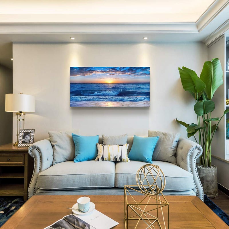 TTHYUEWS canvas wall art for living room Blue Ocean Sea sun landscape painting bathroom Wall Decor Ready to Hang for Home Decorations office family bedroom kitchen Works canvas Prints pictures 20" x 40"inch - Image 3