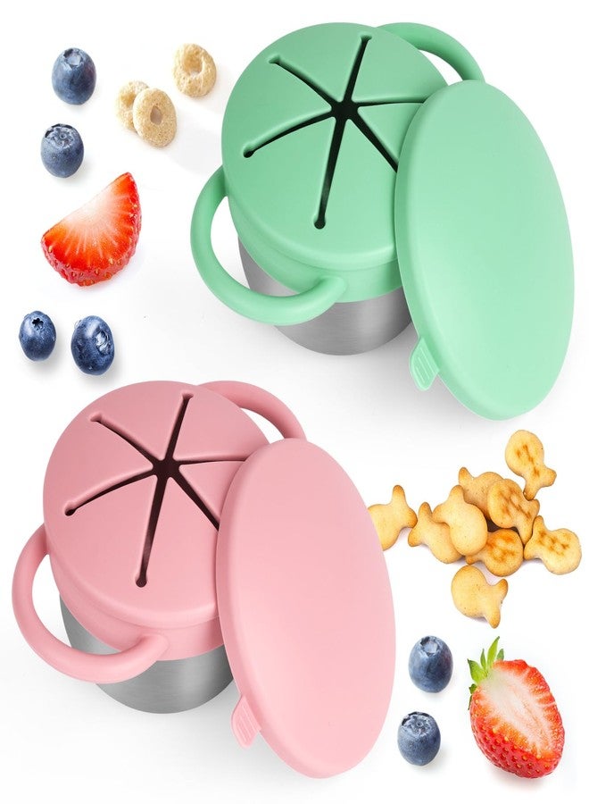 Daximo 2 Pack Snack Cups for Toddlers Spill Proof - Detachable Stainless Steel Toddler Snack Cups with Silicone Lids & Handles - Dishwasher Safe Baby Snack Containers for Mess-Free Snacking (Green and Pink) - Image 1