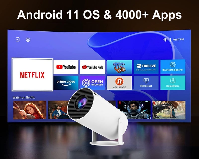 Smart Portable Projector Android 11 - 5G Wi-Fi 6 & Bluetooth 5.0 - Supports 4K 1080P Full HD - 8000 Lumens LED Projector with 180° Rotation & Auto Keystone - White - Image 3