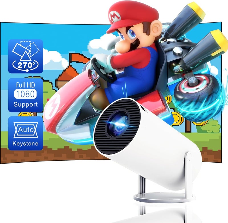 Smart Portable Projector Android 11 - 5G Wi-Fi 6 & Bluetooth 5.0 - Supports 4K 1080P Full HD - 8000 Lumens LED Projector with 180° Rotation & Auto Keystone - White - Image 1
