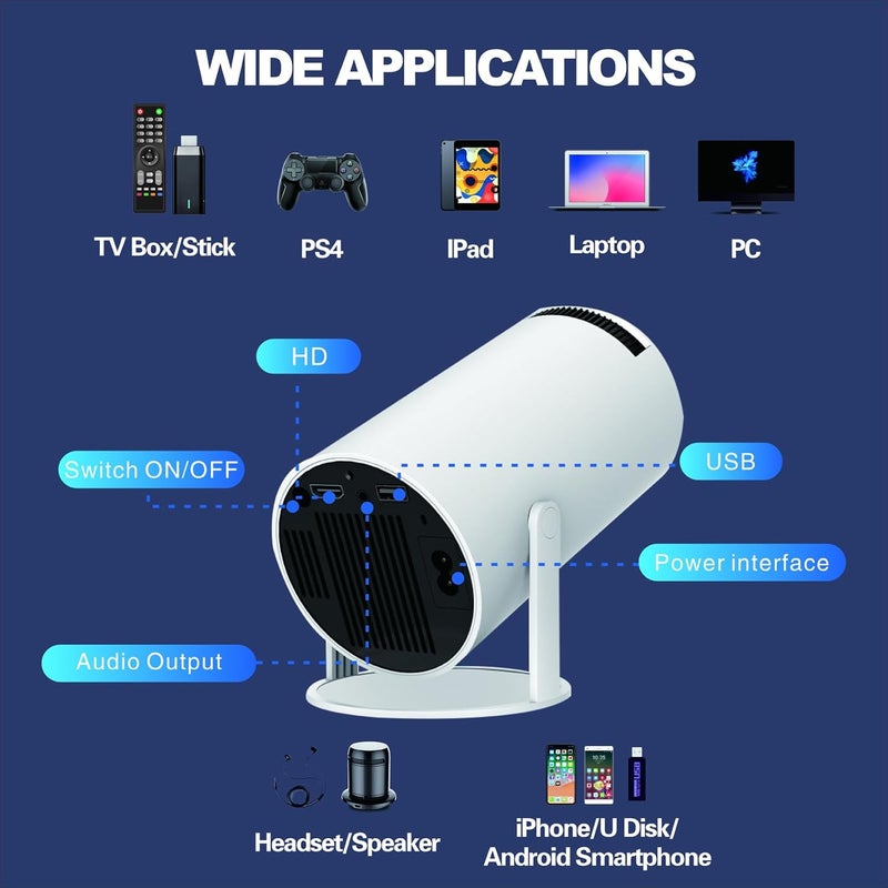 Smart Portable Projector Android 11 - 5G Wi-Fi 6 & Bluetooth 5.0 - Supports 4K 1080P Full HD - 8000 Lumens LED Projector with 180° Rotation & Auto Keystone - White - Image 2