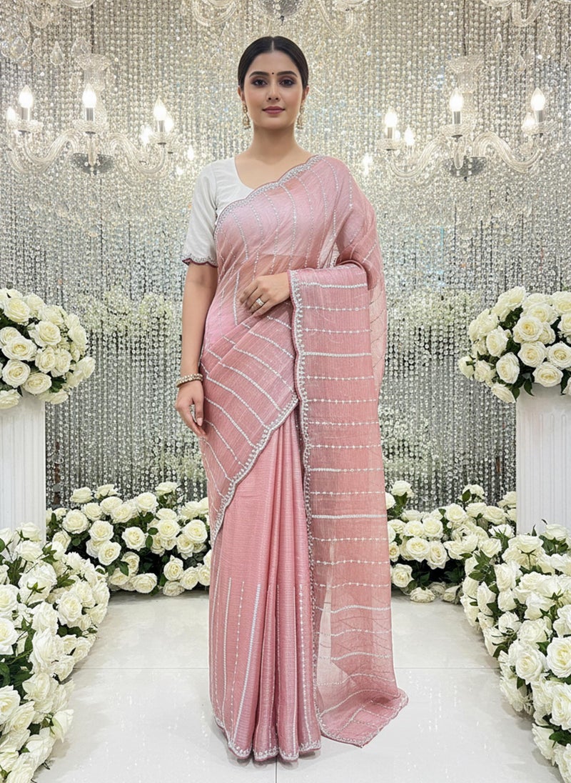 Glory Sarees Women’s Organza Chiffon Sequence Embroidery Work Scallop Border Saree With Blouse Piece (LF809_Onion) - Image 5