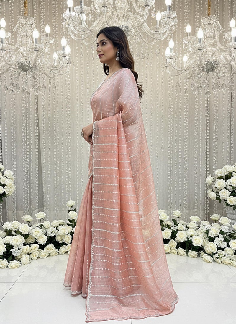 Glory Sarees Women’s Organza Chiffon Sequence Embroidery Work Scallop Border Saree With Blouse Piece (LF809_Onion) - Image 2