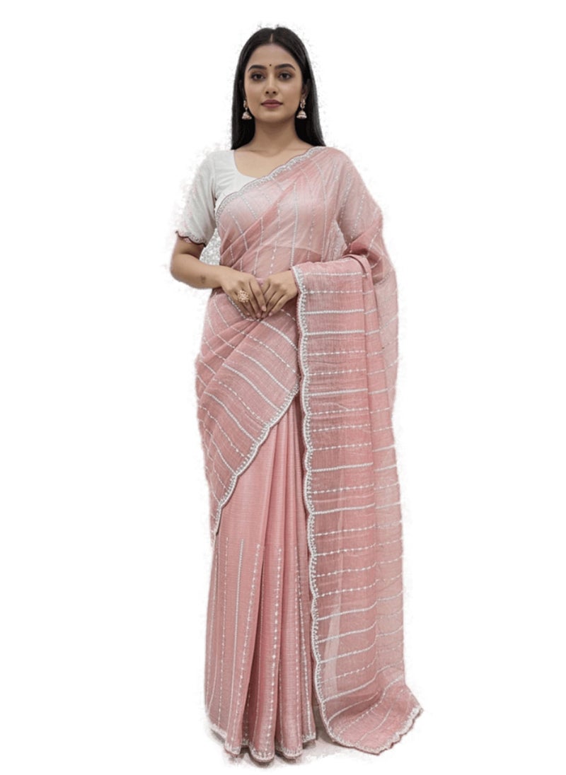 Glory Sarees Women’s Organza Chiffon Sequence Embroidery Work Scallop Border Saree With Blouse Piece (LF809_Onion) - Image 1