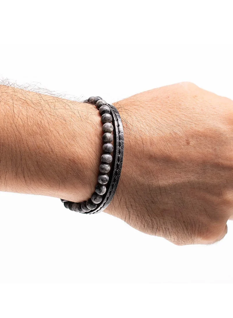 CHRYSOSTOMOS Handmade Leather Bracelet for Men with Double Grey Leather Strap and Matte Larvikite