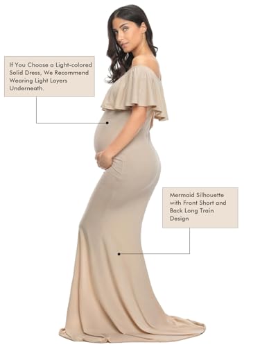 Glampunch Womens Off Shoulder Maternity Dress Ruffles Elegant Slim Gowns Fit Maxi Photography Dress Beige - Image 5