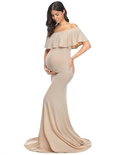 Glampunch Womens Off Shoulder Maternity Dress Ruffles Elegant Slim Gowns Fit Maxi Photography Dress Beige - Image 1
