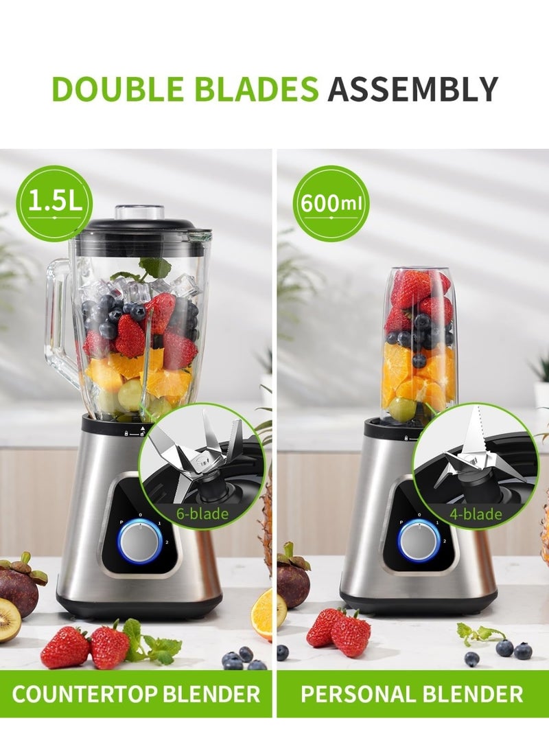 اكسيسن خلاط 2 في 1 للعصائر،1300W محرك قوي بقوة  واط، 2 سرعات قابلة للتعديل، خلاط عصارة كهربائية مع وعاء سعة 1.5 لتر وكوب سعة 600 مل، لمشروبات الفاكهة والعصائر والمخفوقات - Image 5